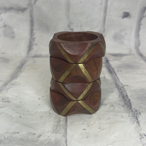 Polished Wood and Brass Napkin Rings Bohemian Set of 4 Made in India Thumbprint - Picture 2 of 5